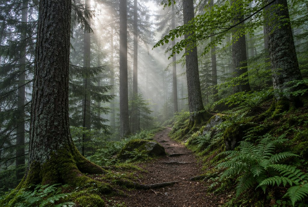 Light through trees on a forest trail — illustrative photograph